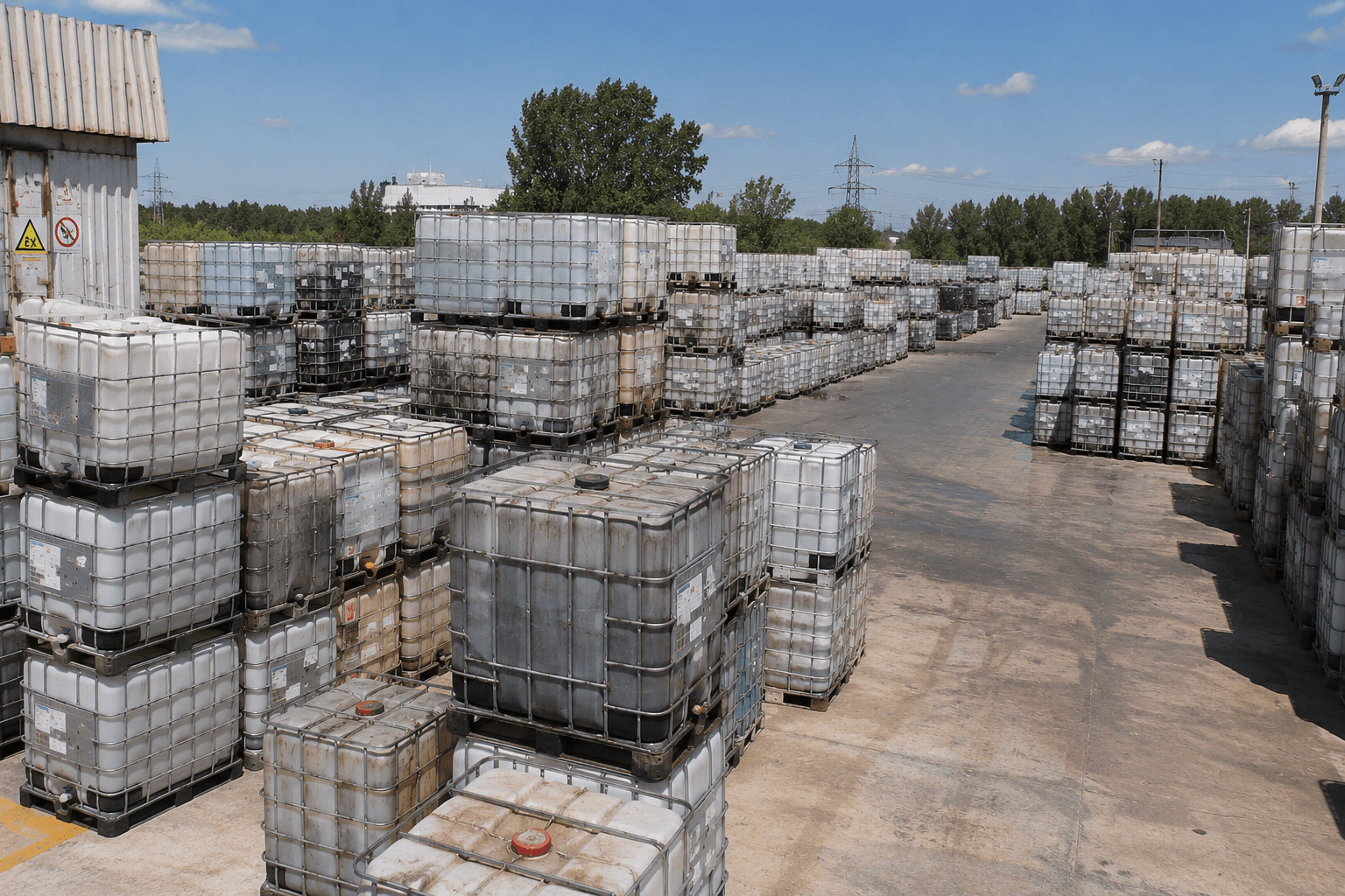 Class-8 flatbed loaded with 40 reconditioned IBCs, ready to leave the yard